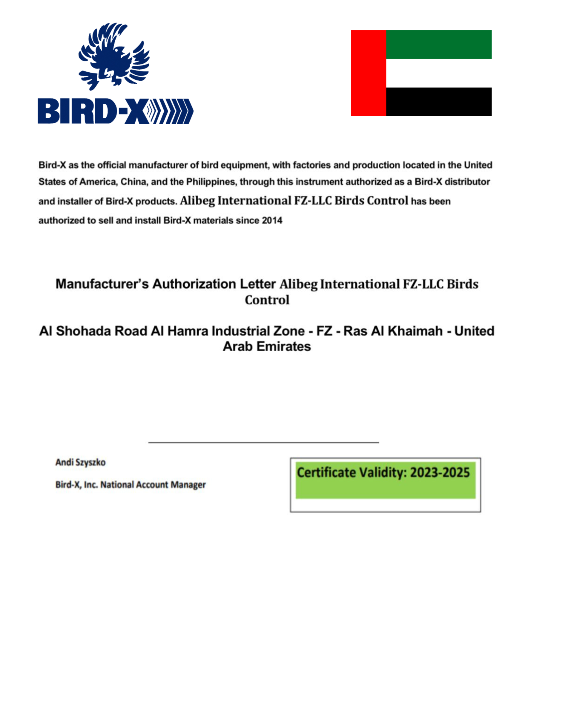 Bird-X UAE Certificate